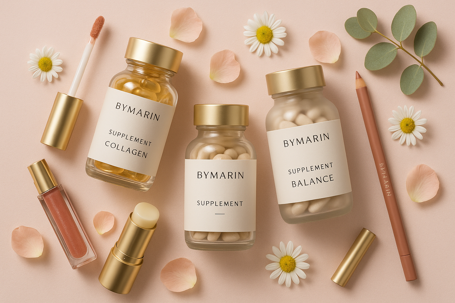 A flat lay of ByMarin products — including supplements (in elegant clear or frosted bottles) and makeup (lip gloss, balm, liner) — arranged aesthetically on a soft light pink background. Add delicate touches like chamomile flowers, rose petals, or eucalyptus for a calm and feminine feel. The makeup products should be partially opened to show texture (like glossy shine or balm smoothness). Include soft shadows, even lighting, and a clean, premium vibe that evokes wellness and beauty combined.