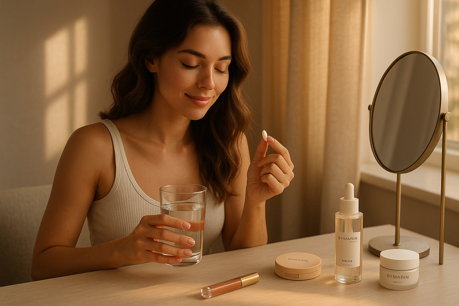 A woman at her vanity, starting her morning routine. She’s sipping water with a supplement capsule in hand, and her other hand reaches for a lip gloss. The scene is warm, modern, and cozy — maybe with soft sunlight coming through a window. Include a few ByMarin products subtly placed.