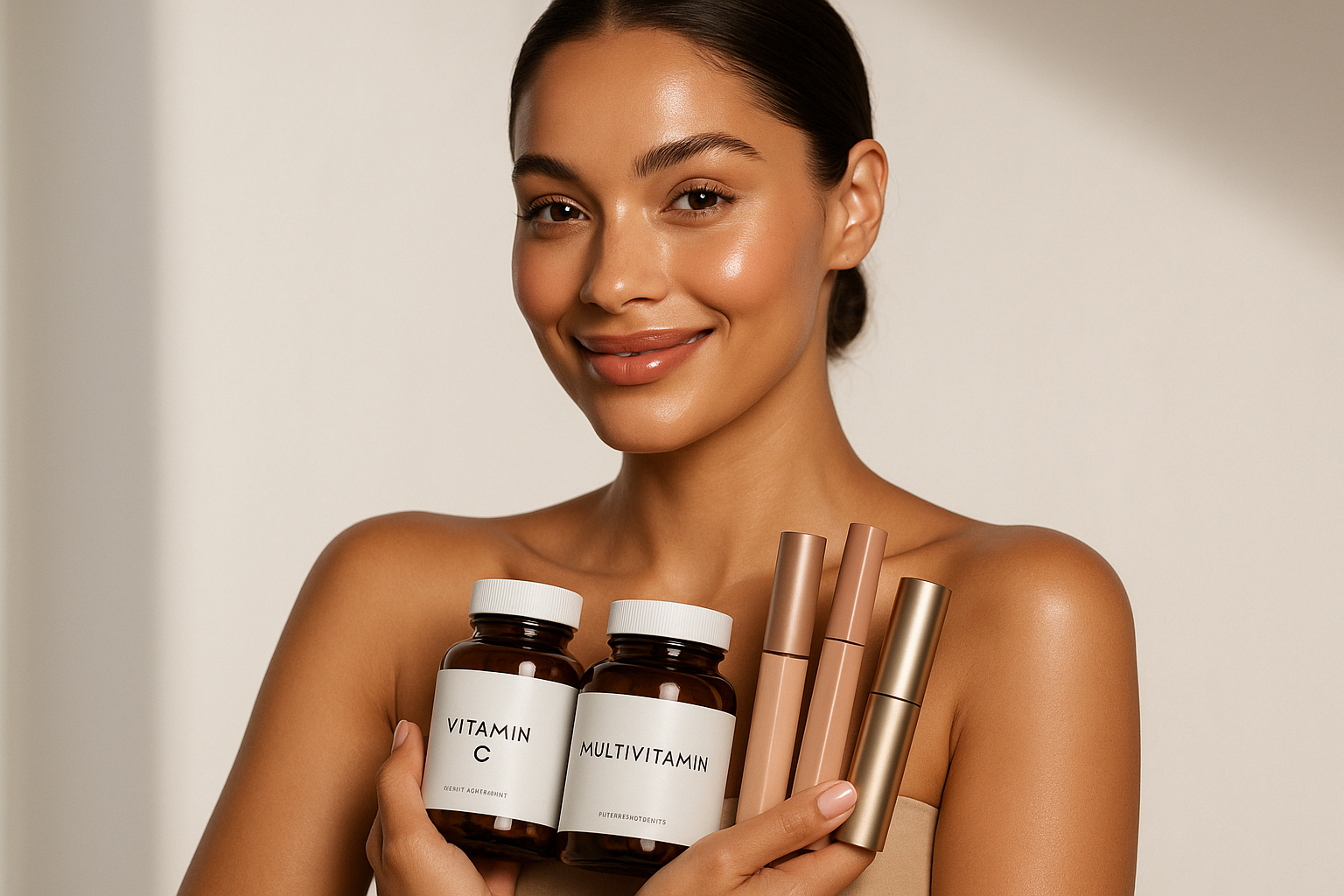 beautiful Model that holds a bundle of health supplements and makeup to show that our brand is about inner and outer beauty 